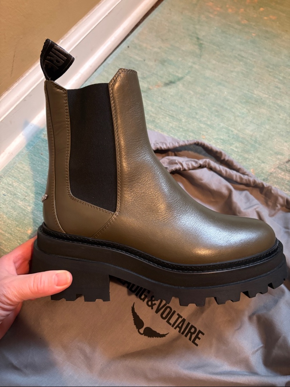 NWT Zadig & Voltaire Khaki Ankle Lug Sole Boots sz 8 Olive Green